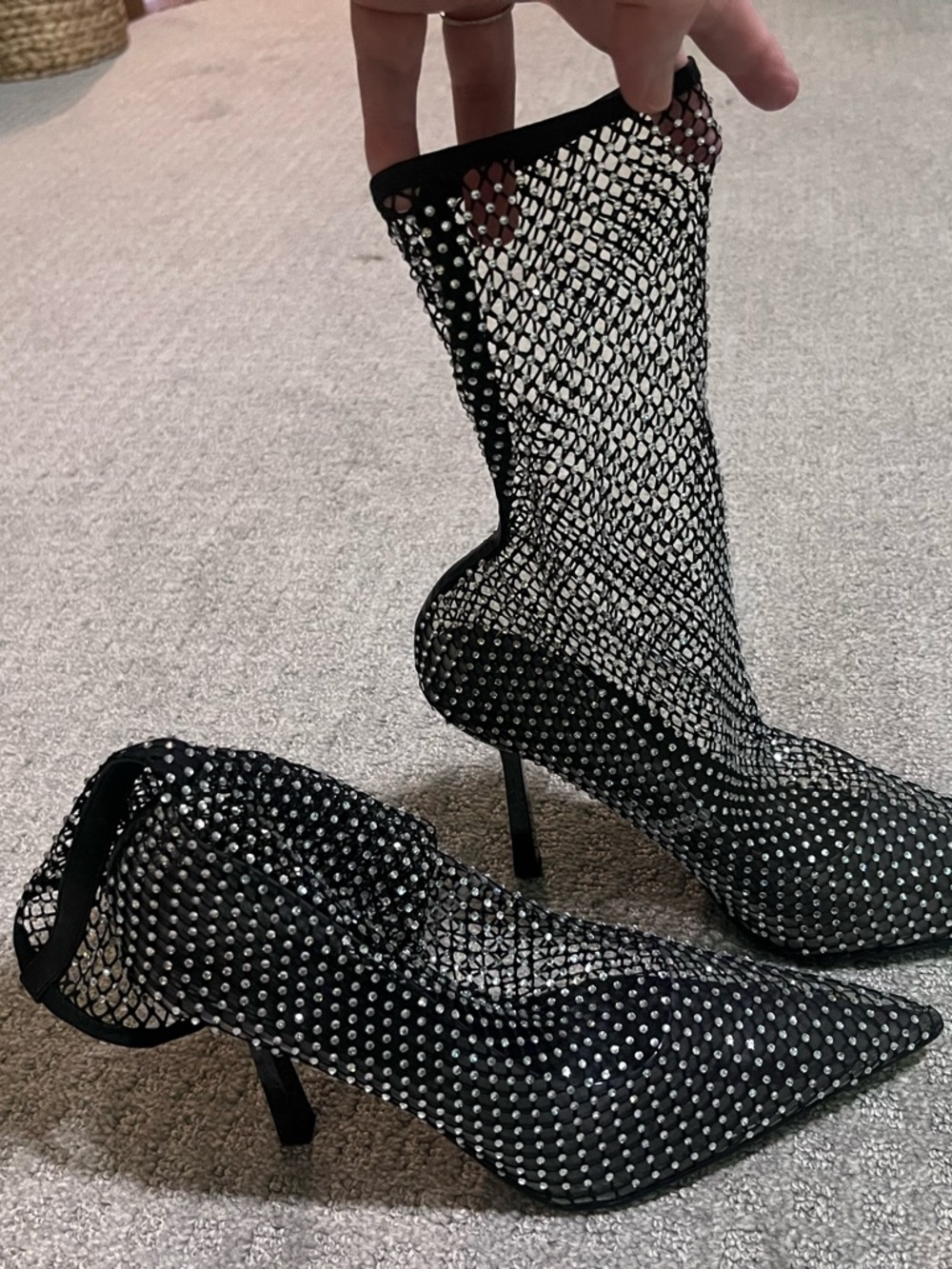 Women's Black Mesh Rhinestone Stiletto Booties